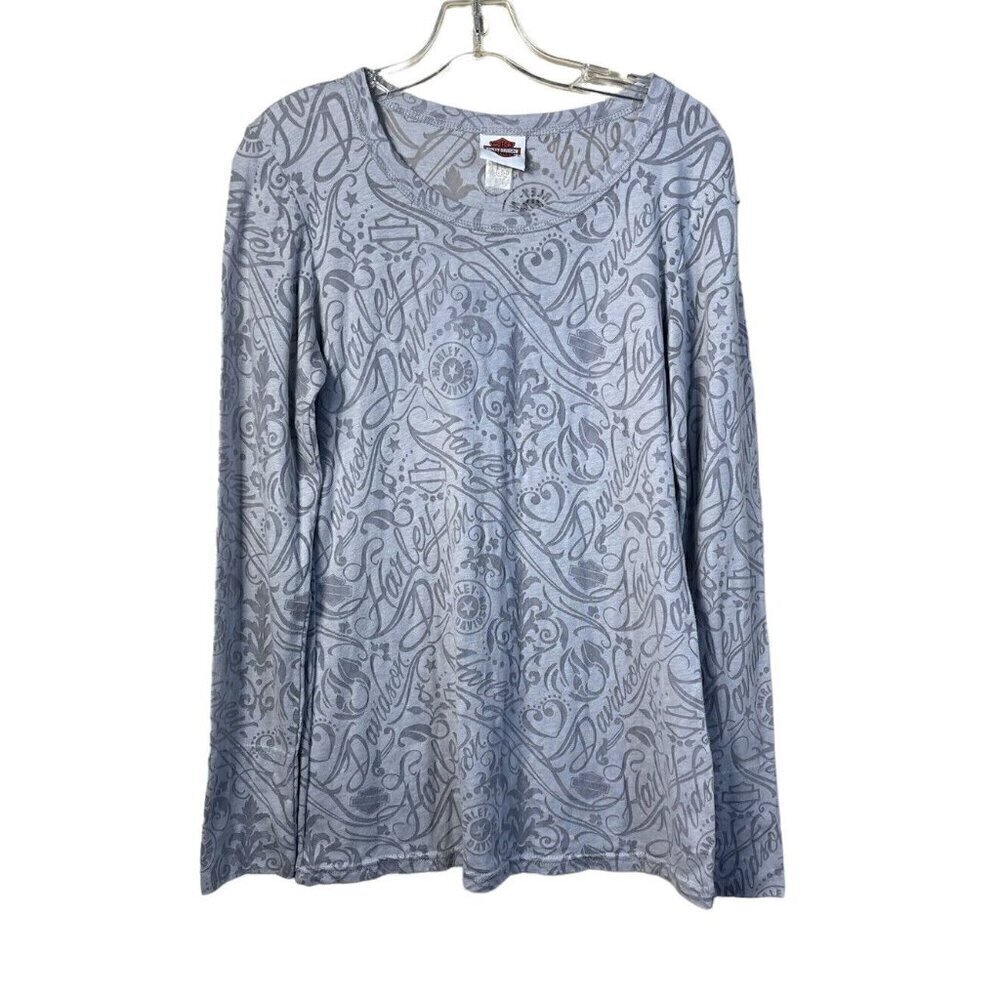 Harley Davidson Womens Tee Large All Over Graphic LS Burnout Shirt Sz L Greeley
